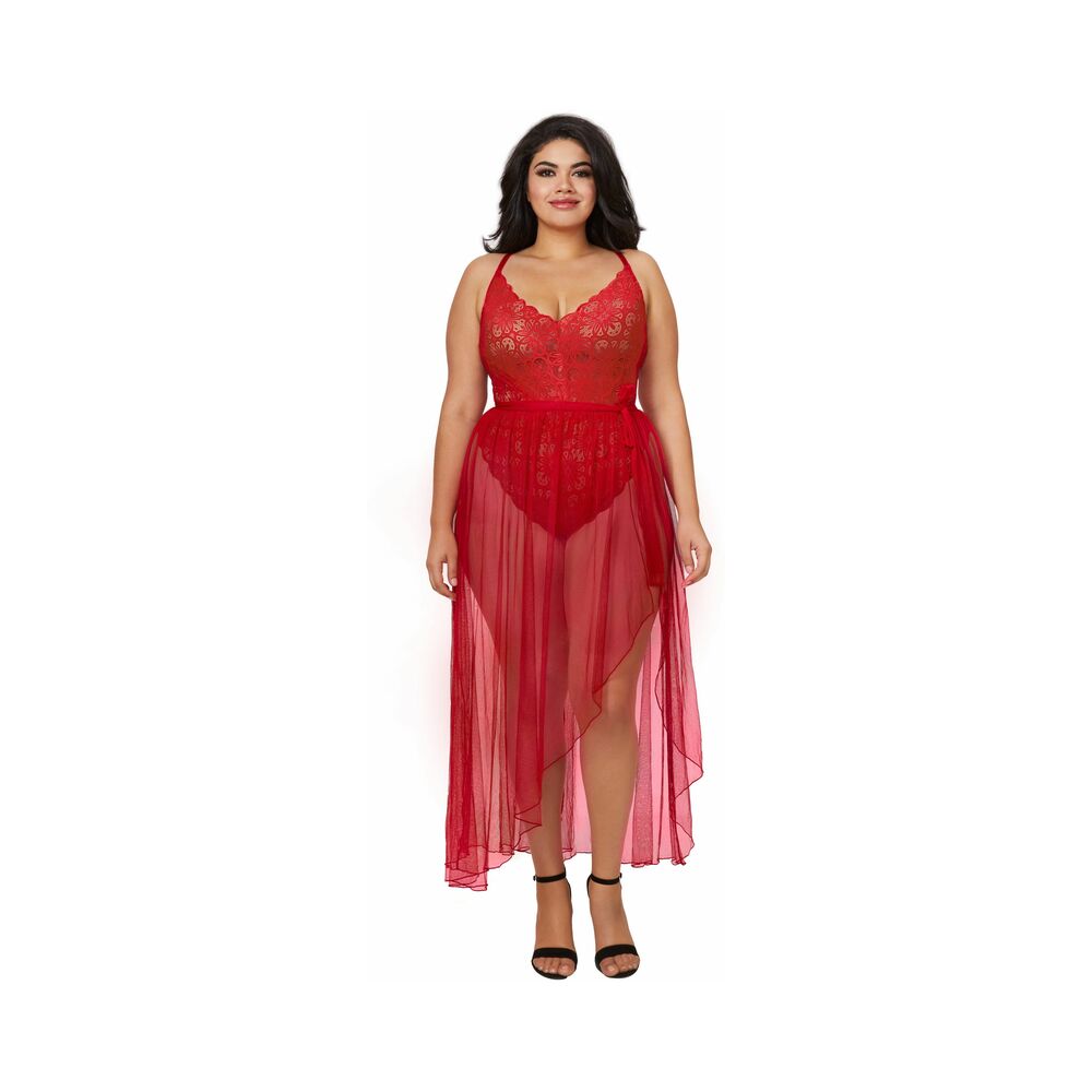 Dreamgirl Dreamgirl Teddy & Sheer Mesh Maxi Skirt With G-String Rouge Queen 3X Hanging