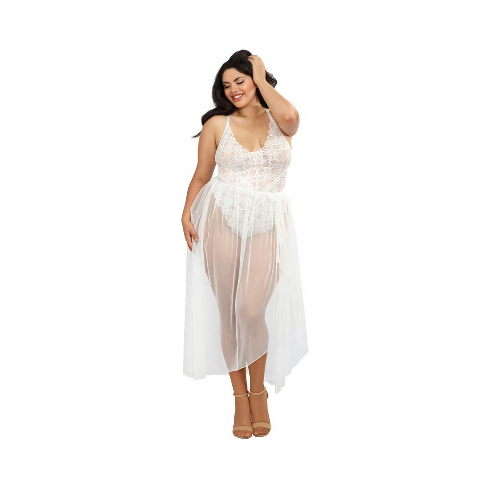 Dreamgirl Plus-Size Stretch Lace Teddy & Sheer Mesh Maxi Skirt With Adjustable Straps & G-String White Queen 2X Hanging