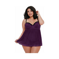 Dreamgirl Plus-Size Stretch Mesh and Lace Babydoll With Underwire Push-Up Cups, G-String, and Lace Overlay Plum Queen 1X Hanging