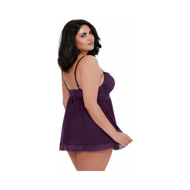 Dreamgirl Plus-Size Stretch Mesh and Lace Babydoll With Underwire Push-Up Cups, G-String, and Lace Overlay Plum Queen 2X Hanging