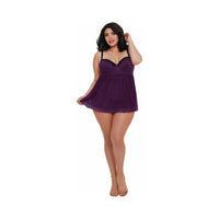 Dreamgirl Plus-Size Stretch Mesh and Lace Babydoll With Underwire Push-Up Cups, G-String, and Lace Overlay Plum Queen 2X Hanging