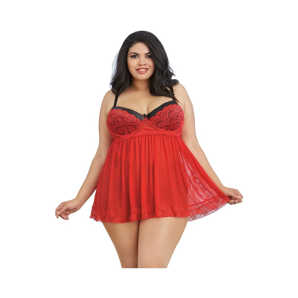 Dreamgirl Plus-Size Stretch Mesh and Lace Babydoll With Underwire Push-Up Cups, G-String, and Lace Overlay Ruby Queen 1X Hanging