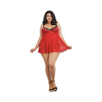 Dreamgirl Plus-Size Stretch Mesh and Lace Babydoll With Underwire Push-Up Cups, G-String, and Lace Overlay Ruby Queen 3X Hanging