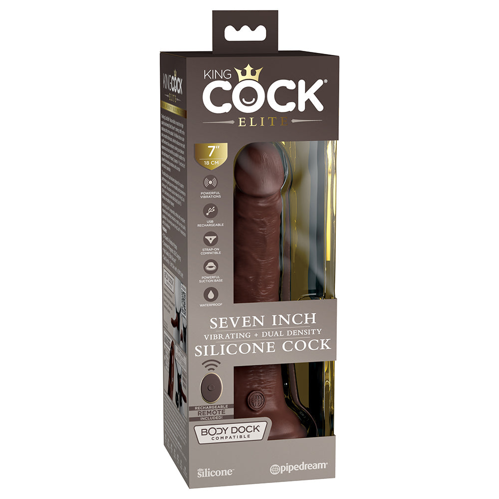 Pipedream King Cock Elite 7 in. Vibrating Dual Density Silicone Cock Rechargeable Remote-Controlled Realistic Dildo With Suction Cup Brown