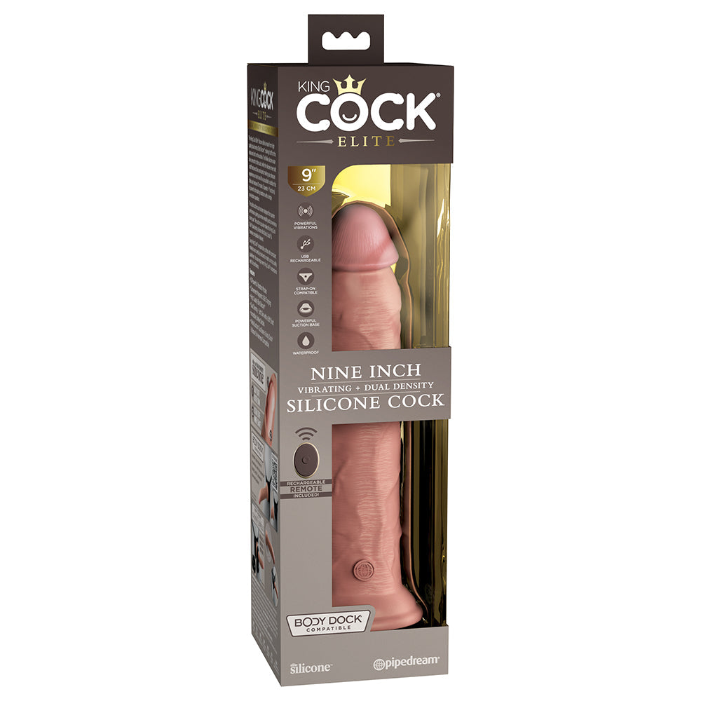 Pipedream King Cock Elite 9 in. Vibrating Dual Density Silicone Cock Rechargeable Remote-Controlled Realistic Dildo With Suction Cup Beige