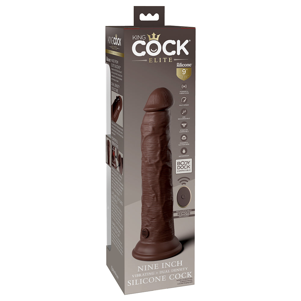 Pipedream King Cock Elite 9 in. Vibrating Dual Density Silicone Cock Rechargeable Remote-Controlled Realistic Dildo With Suction Cup Brown