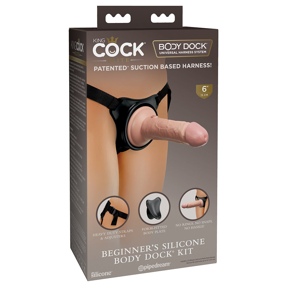 Pipedream King Cock Elite Beginner's Silicone Body Dock Kit With 6 in. Realistic Suction Cup Dildo Beige/Black