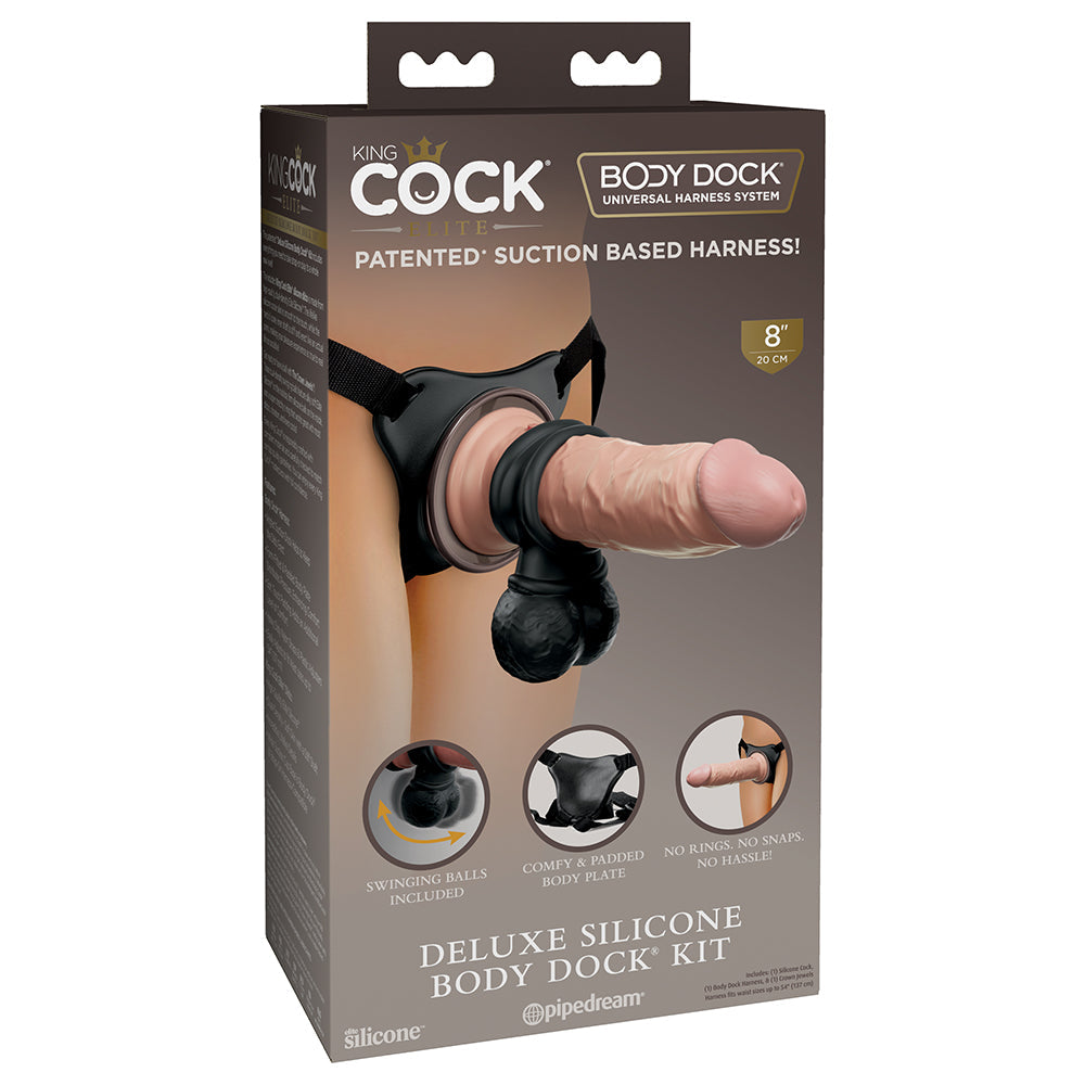 Pipedream King Cock Elite Deluxe Silicone Body Dock Kit With 8 in. Realistic Suction Cup Dildo & Swinging Balls Beige/Black