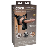 Pipedream King Cock Elite Ultimate Vibrating Silicone Body Dock Kit With Rechargeable Remote-Controlled 7 in. Realistic Dildo & Swinging Balls Beige/Black