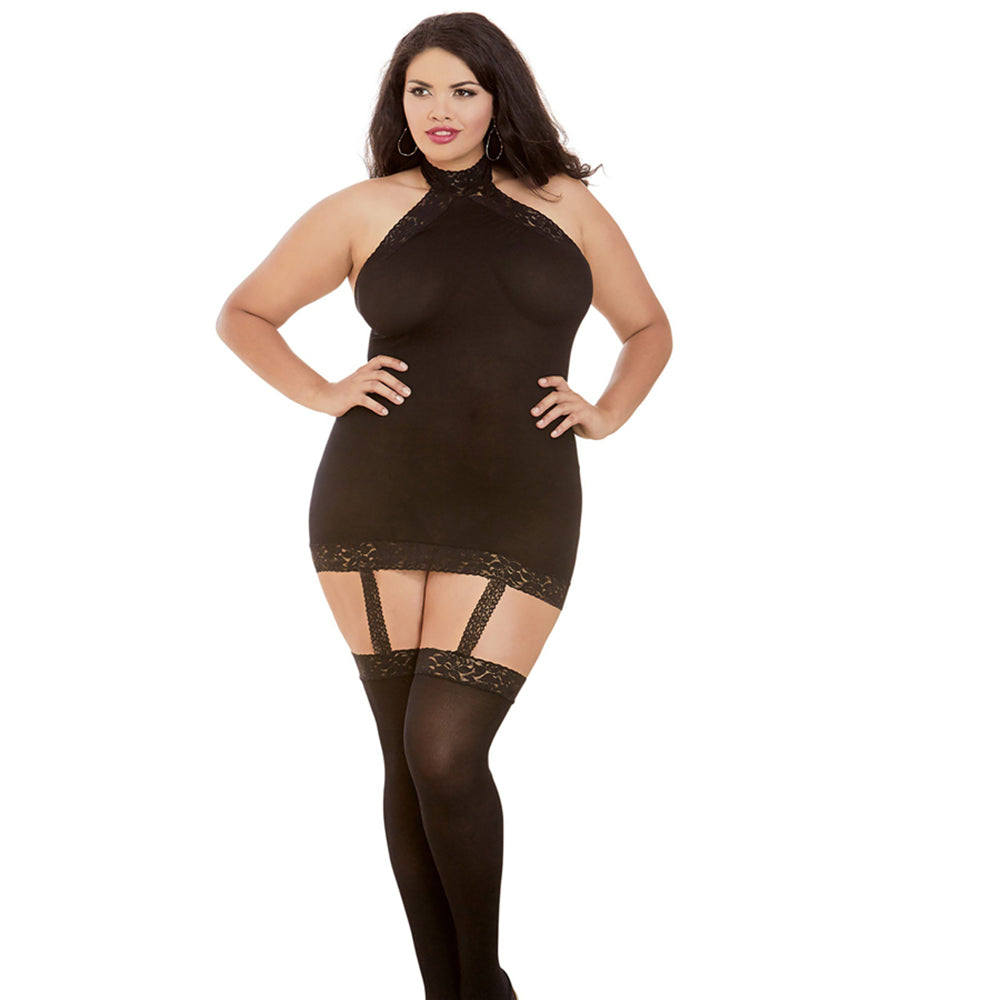 Dreamgirl Semi-Sheer Halter Garter Dress With Snap-Neck Closure, Stretch Lace Trim, Attached Garters and Matching Thigh-Highs Black Queen
