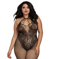 Dreamgirl Fishnet Bodystocking With Knitted ìTeddyî Design, Strappy Neckline, Adjustable Halter Ties, and Open Crotch Black Queen