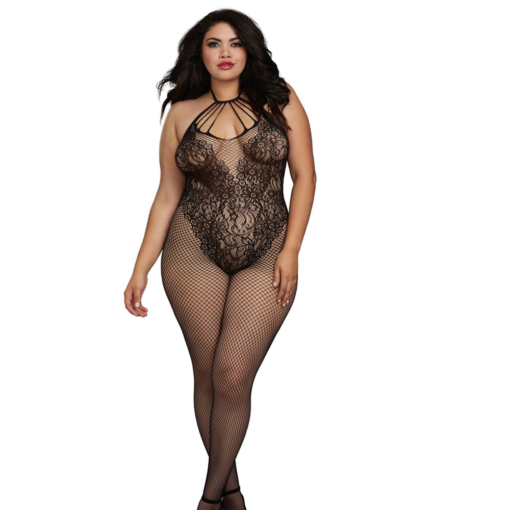 Dreamgirl Fishnet Bodystocking With Knitted ìTeddyî Design, Strappy Neckline, Adjustable Halter Ties, and Open Crotch Black Queen