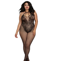 Dreamgirl Fishnet Bodystocking With Knitted ìTeddyî Design, Strappy Neckline, Adjustable Halter Ties, and Open Crotch Black Queen