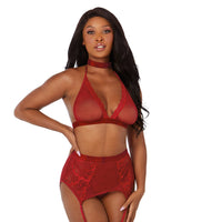 Dreamgirl Fishnet and Lace Four-Piece Set With Stretch Velvet Trim Accents Garnet OS