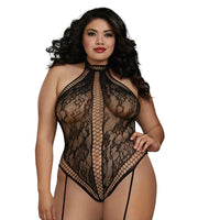 Dreamgirl Lace Teddy Bodystocking With Criss-Cross Details and Halter Neckline With Snap-Neck Closure Black Queen
