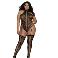 Dreamgirl Lace Teddy Bodystocking With Criss-Cross Details and Halter Neckline With Snap-Neck Closure Black Queen