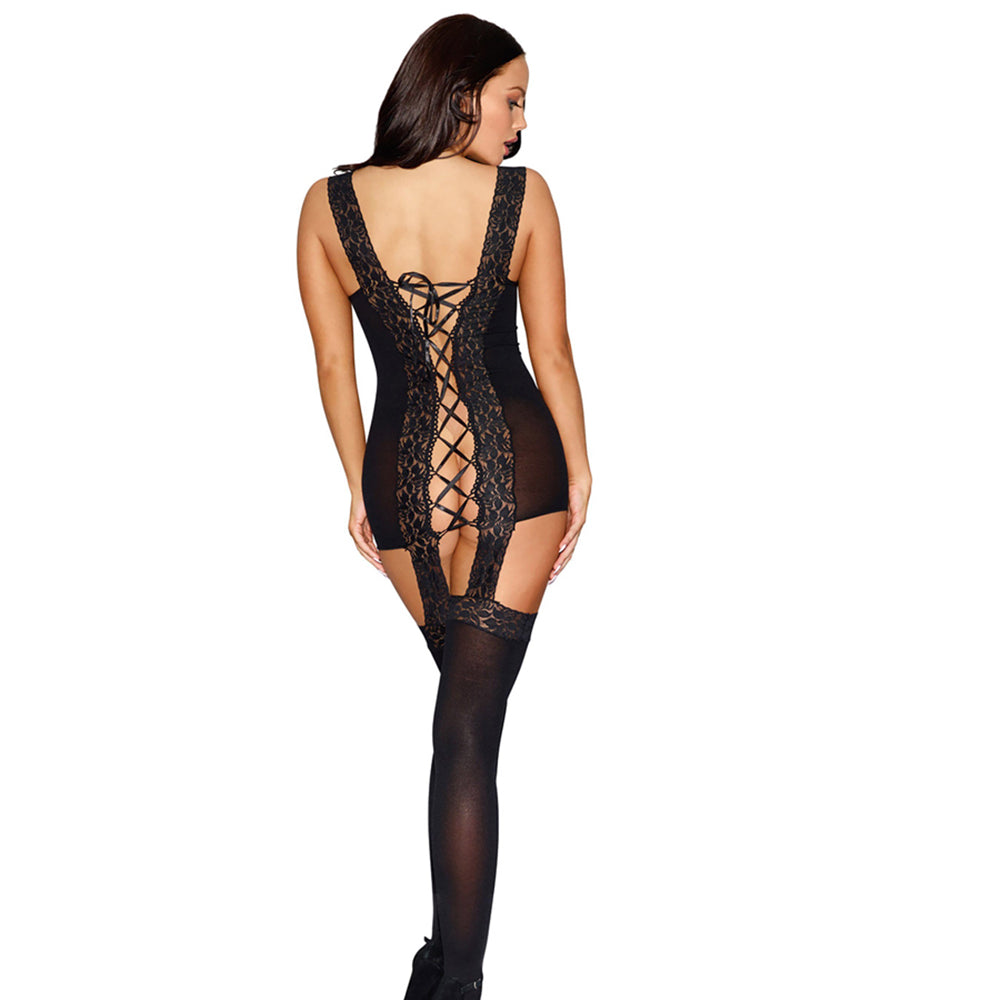 Dreamgirl Sheer, Stretch Lace Garter Dress With Lace-Trimmed Straps, Satin Ribbon Lace-Up Back Detail Black OS