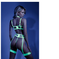 Fantasy Lingerie Glow In A Trance Floral Embroidered Harness Bra, Garter Belt With Attached Leg Garters & Matching G-String Panty Neon Chartreuse S/M