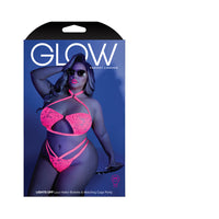 Fantasy Lingerie Glow Lights Off Lace Halter Bralette & Cage Panty Neon Pink Queen Size