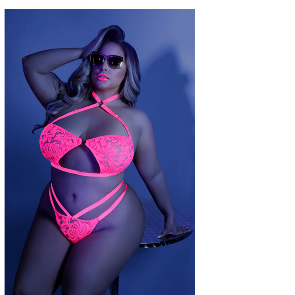 Fantasy Lingerie Glow Lights Off Lace Halter Bralette & Cage Panty Neon Pink Queen Size