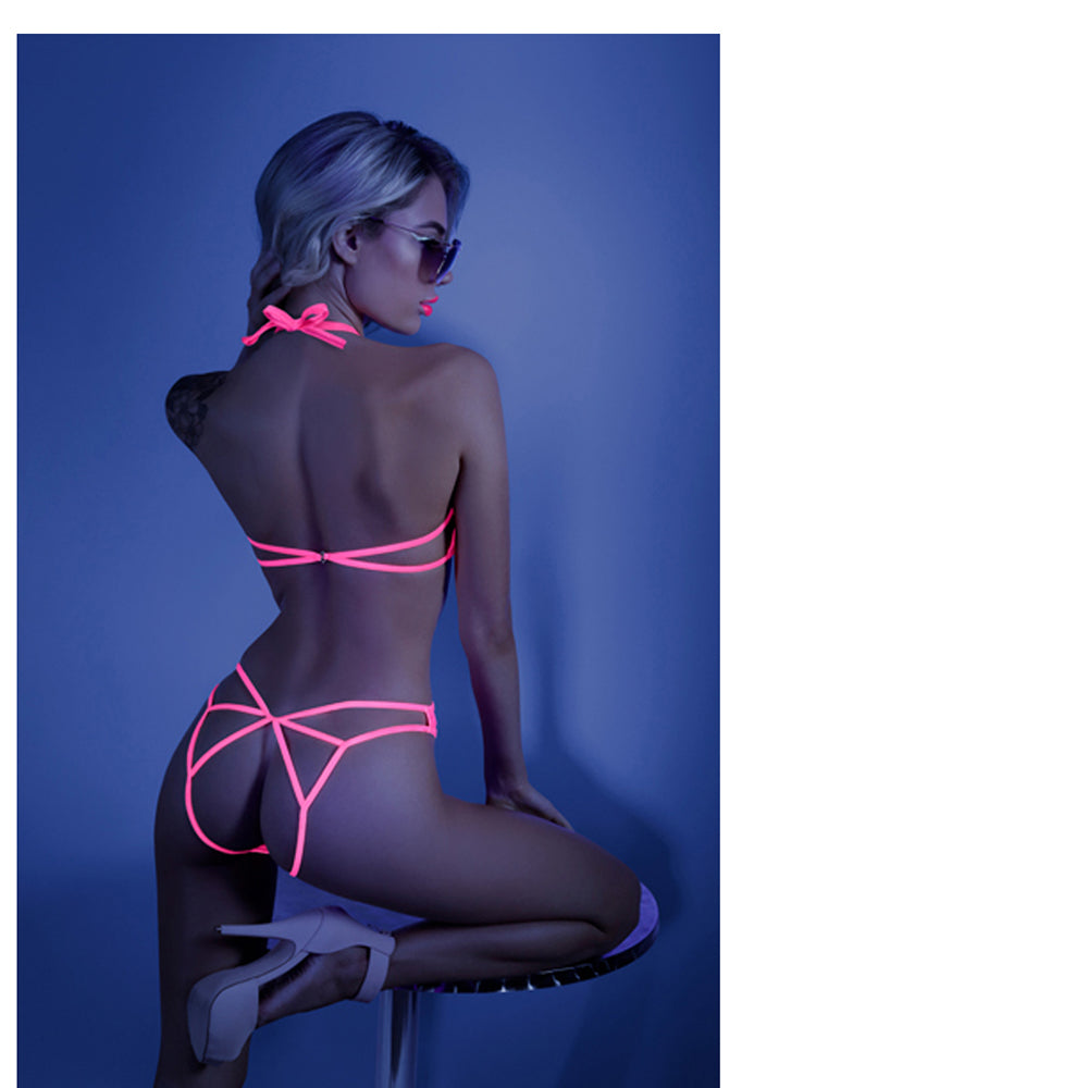 Fantasy Lingerie Glow Impress Me Lace Bodysuit With Open-Cage Back Neon Pink M/L