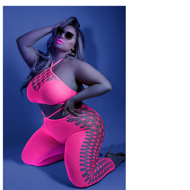 Fantasy Lingerie Glow Own The Night Cropped Cut-Out Halter Bodystocking Neon Pink Queen Size