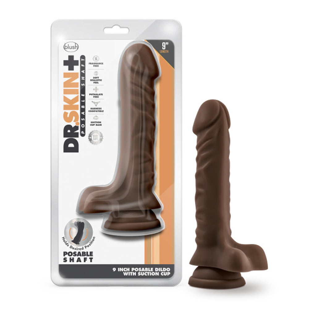 Blush Dr. Skin Plus Realistic 9 in. Triple Density Posable Dildo with Balls & Suction Cup Brown