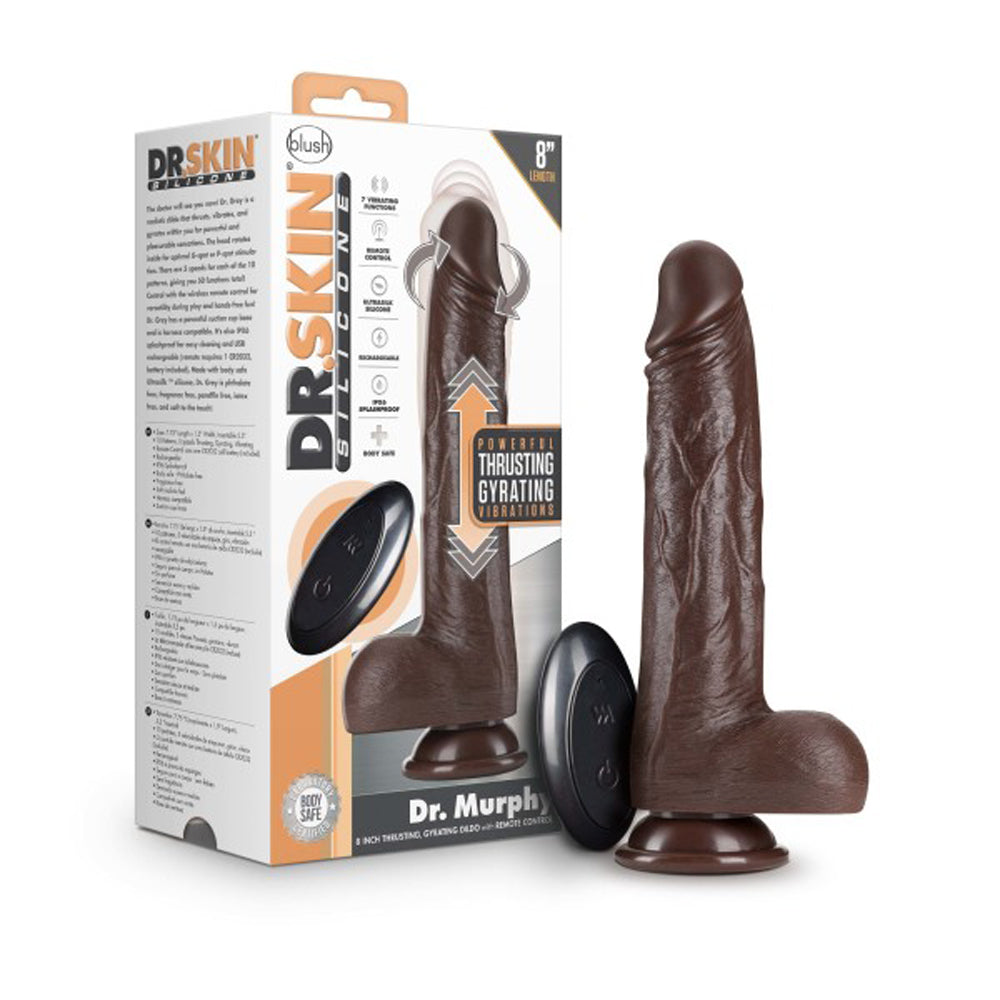 Blush Dr. Skin Silicone Dr. Murphy Rechargeable Remote-Controlled 8 in. Thrusting Dildo with Balls & Suction Cup Brown