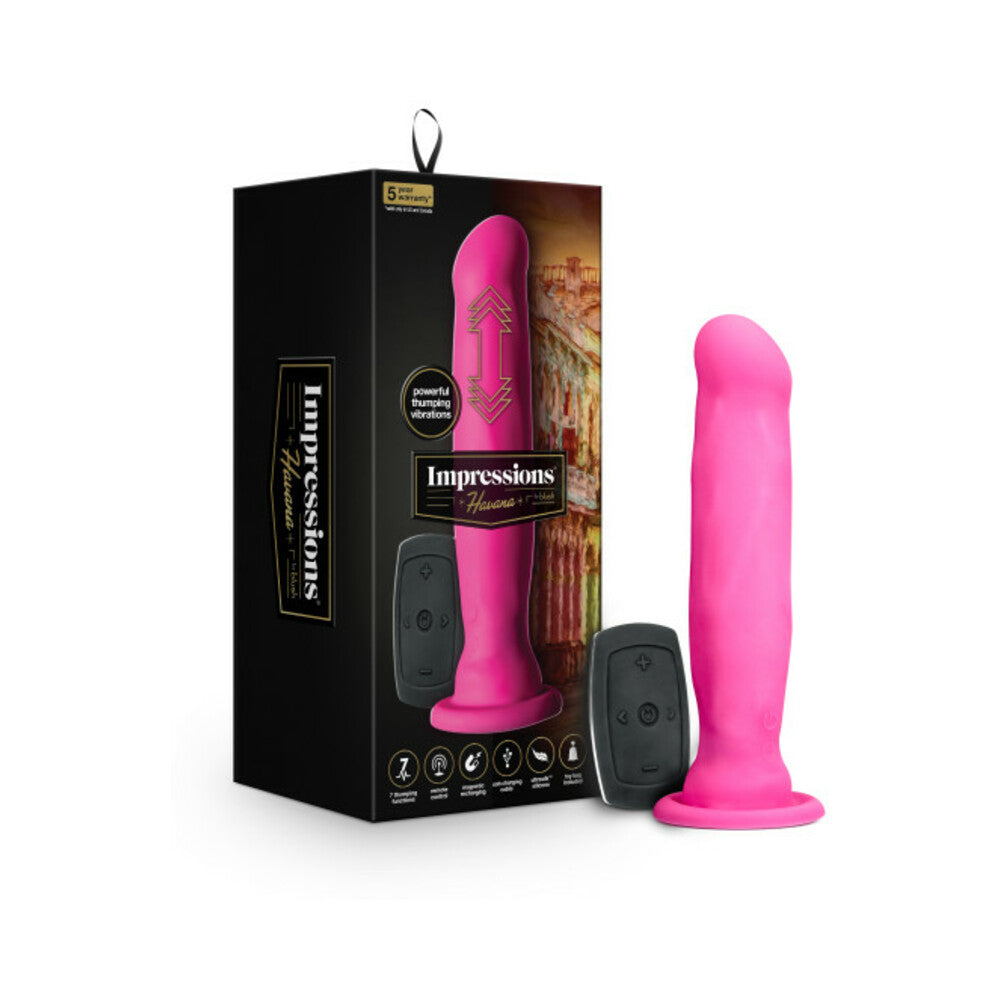 Blush Impressions Havana Rechargeable Remote-Controlled Silicone 8 in. Thumping Dildo with Suction Cup Pink