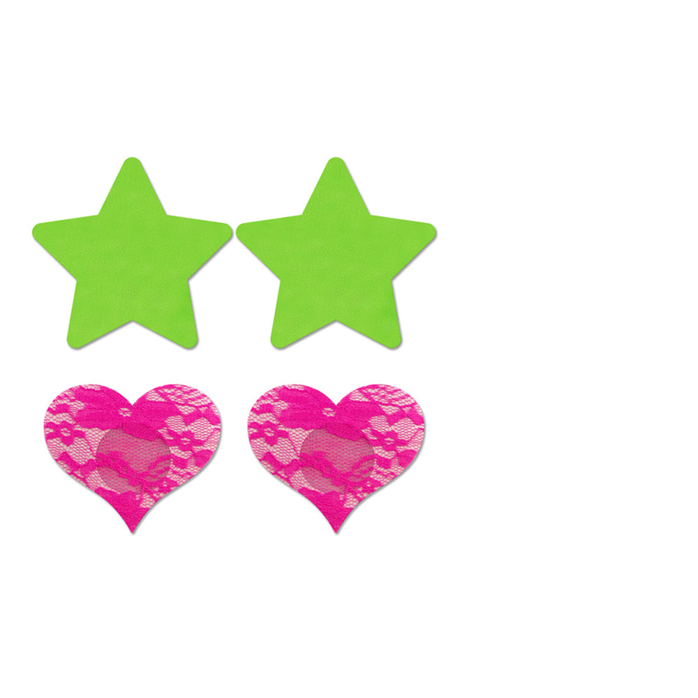 Fantasy Lingerie Neon Pasties 2-Pack Solid Neon Green Star & Neon Pink Lace Heart