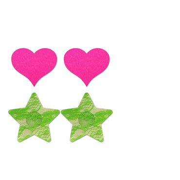 Fantasy Lingerie Neon Pasties 2-Pack Solid Neon Pink Heart & Neon Green Lace Star