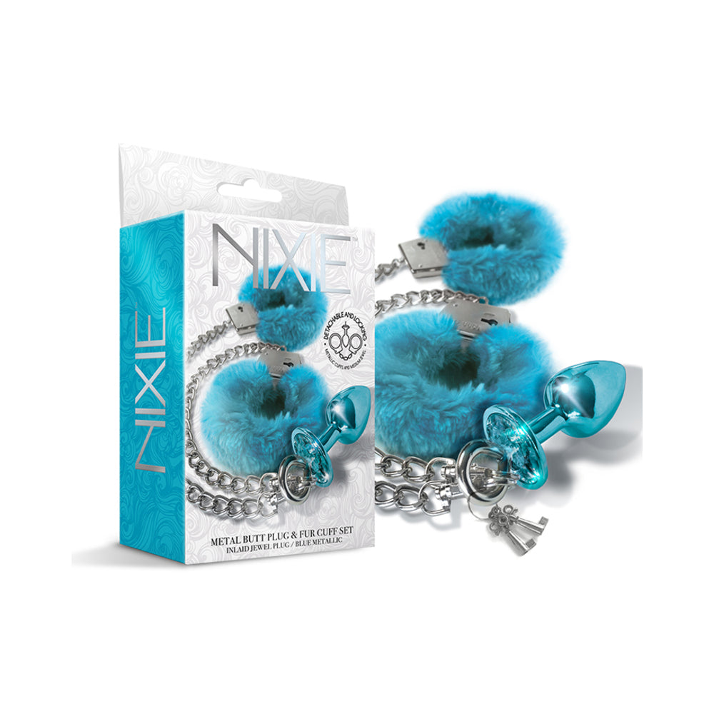 Nixie Metal Butt Plug & Furry Handcuff Set Medium†Blue Metallic