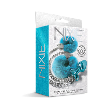 Nixie Metal Butt Plug & Furry Handcuff Set Medium†Blue Metallic