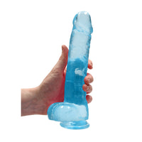 RealRock Crystal Clear Realistic 9 in. Dildo With Balls and Suction Cup Blue