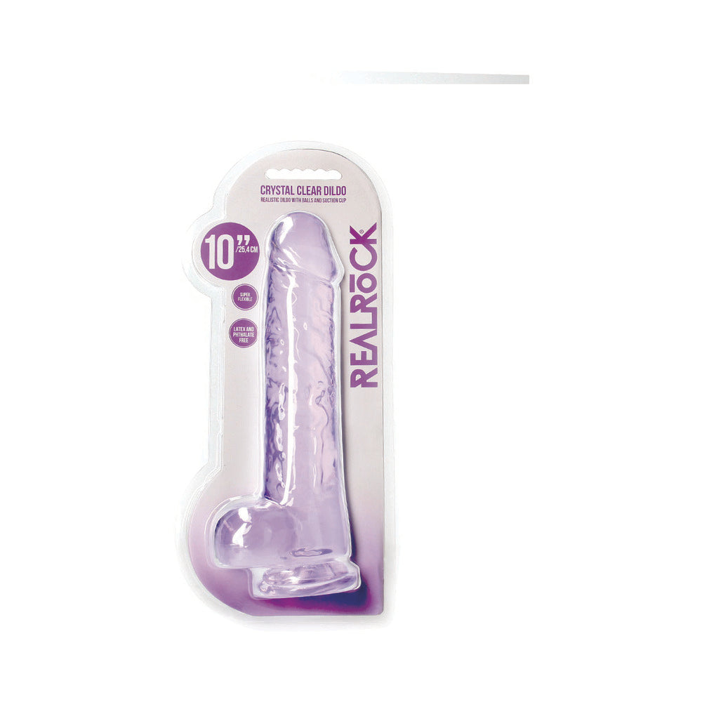 RealRock Crystal Clear Realistic 10 in. Dildo With Balls and Suction Cup Purple