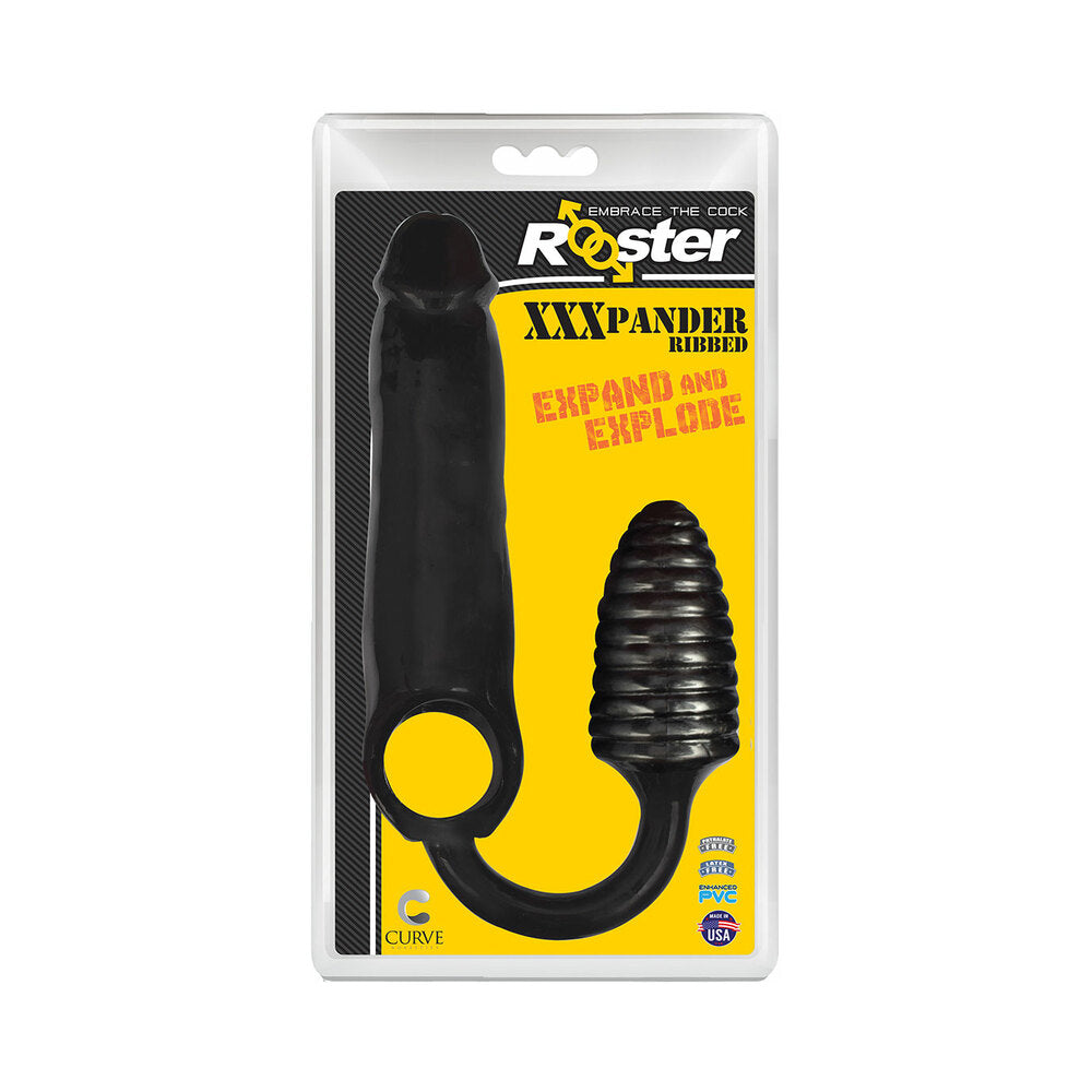 Curve Toys Rooster XXXPANDER Ribbed Penis Extender Sheath with Cockring & Anal Plug Black