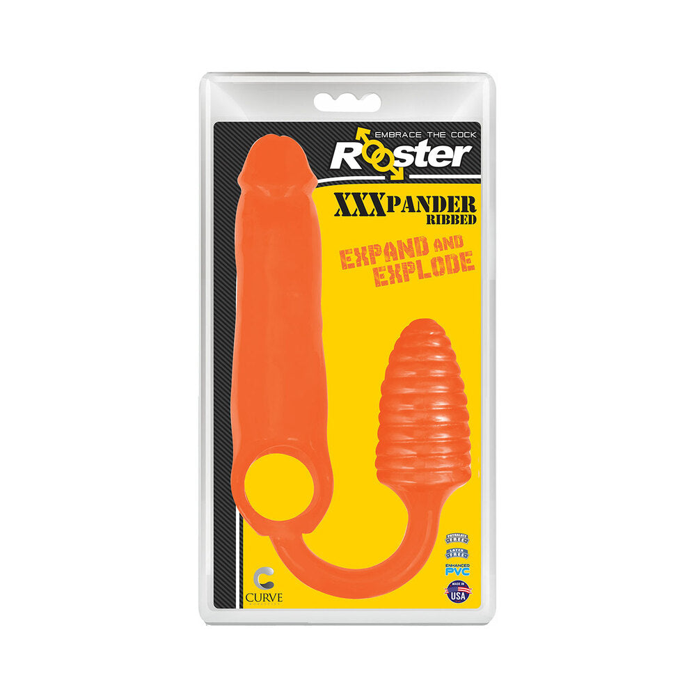 Curve Toys Rooster XXXPANDER Ribbed Penis Extender Sheath with Cockring & Anal Plug Orange