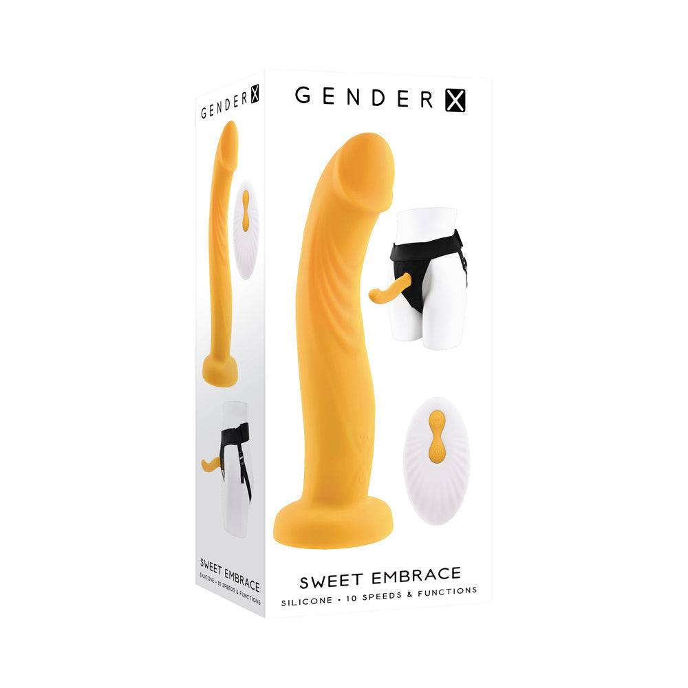 Gender X Sweet Embrace Rechargeable Remote-Controlled Vibrating 7 in. Silicone Dildo and Jock-Style Strap-On Harness Set Yellow/Black