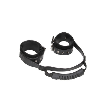 Ouch! Black & White Adjustable Bonded Leather Wrist Cuffs With Handle Black