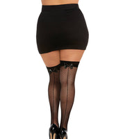 Dreamgirl Diamond-Net Fishnet Thigh-Highs with Vinyl Bowtie Accent Black OSQ