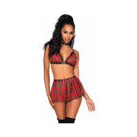 Dreamgirl Three-Piece Schoolgirl-Themed Set with Red Plaid Bralette and Matching Pleated Mini Skirt Costume OS