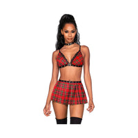 Dreamgirl Three-Piece Schoolgirl-Themed Set with Red Plaid Bralette and Matching Pleated Mini Skirt Costume OS