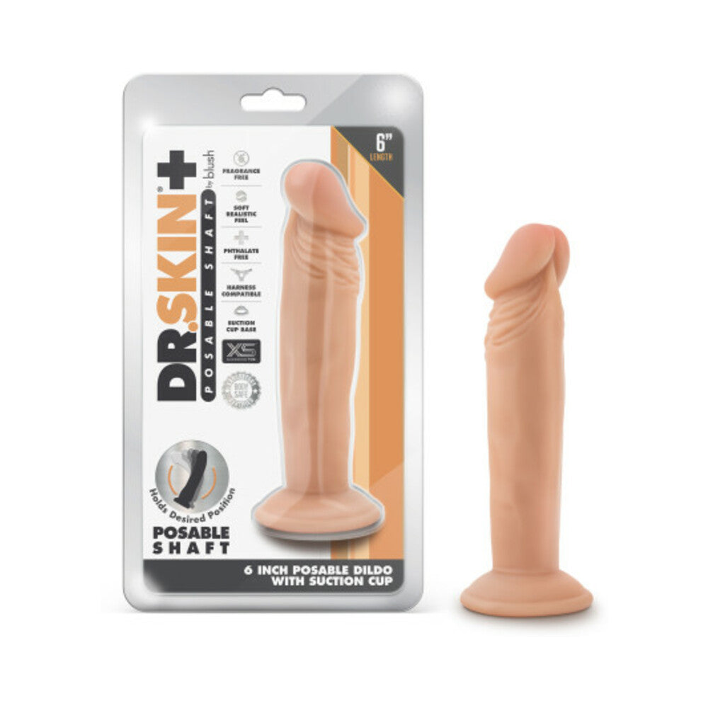 Blush Dr. Skin Plus Realistic 6 in. Triple Density Posable Dildo with Suction Cup Beige