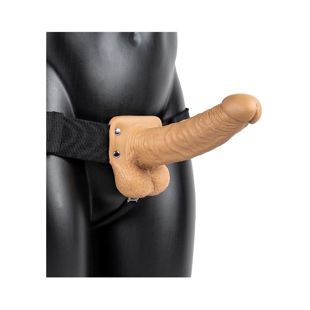 RealRock Realistic 7 in. Vibrating Hollow Strap-On With Balls Tan