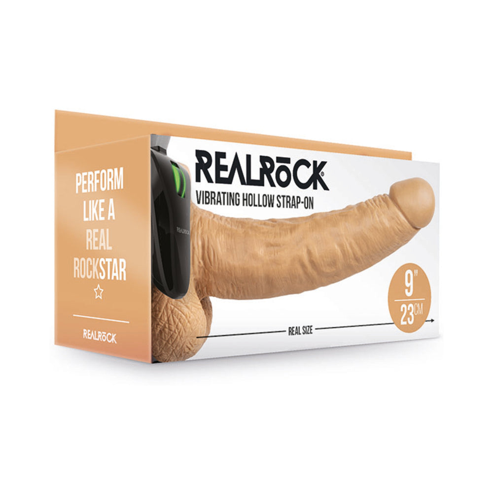 RealRock Realistic 9 in. Vibrating Hollow Strap-On With Balls Tan