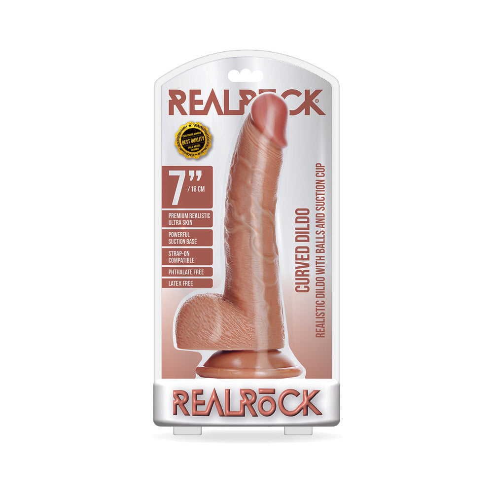 RealRock Realistic 7 in. Curved Dildo With Balls and Suction Cup Tan