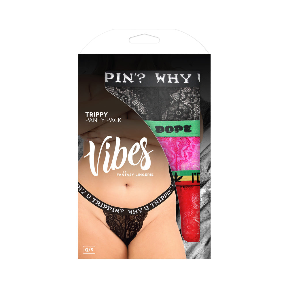 Fantasy Lingerie Vibes Trippy Vibes Pack 3-Piece Lace Thong Panty Set Black/Red/Pink Queen Size