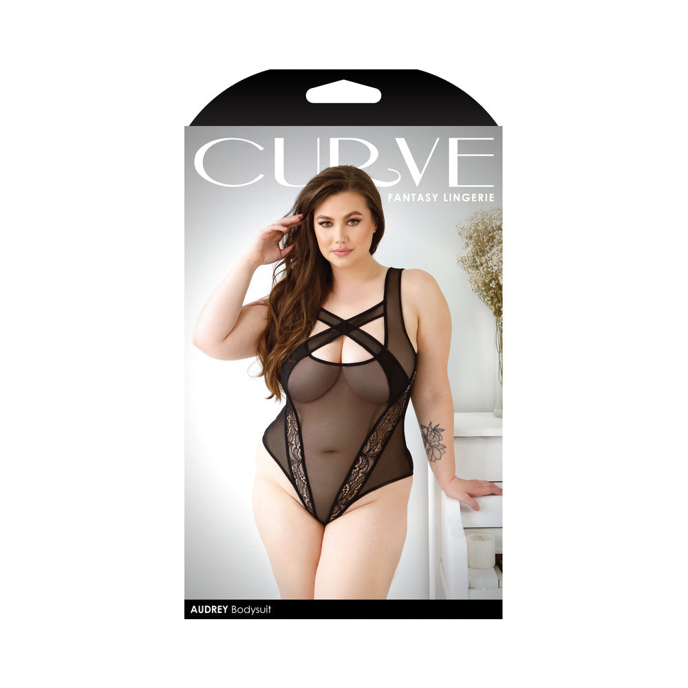 Fantasy Lingerie Curve Audrey Criss-Cross Mesh Bodysuit With Lace Panel Detail & Snap Closure Black XL/2XL