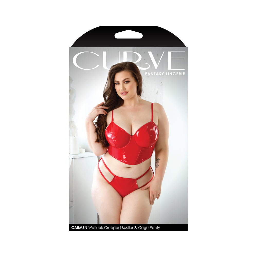 Fantasy Lingerie Curve Carmen Wetlook Cropped Bustier & Matching Cage Panty Red XL/2XL