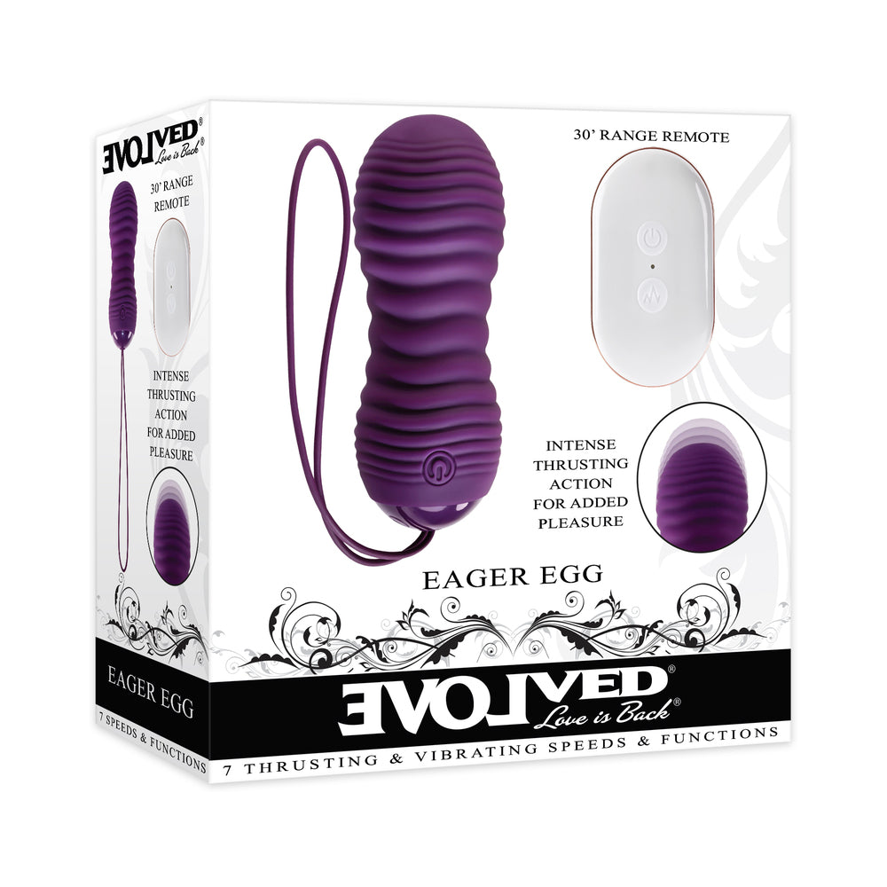 Evolved Eager Egg Rechargeable Remote-Controlled Thrusting Silicone Vibrator Purple